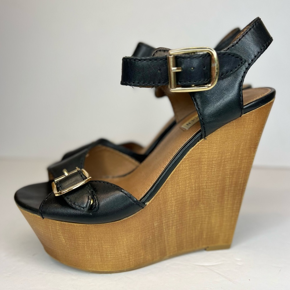 Steve Madden Womens Breeann Platform Wedge Peep Toe Sandal Black Sz 8 Leather
